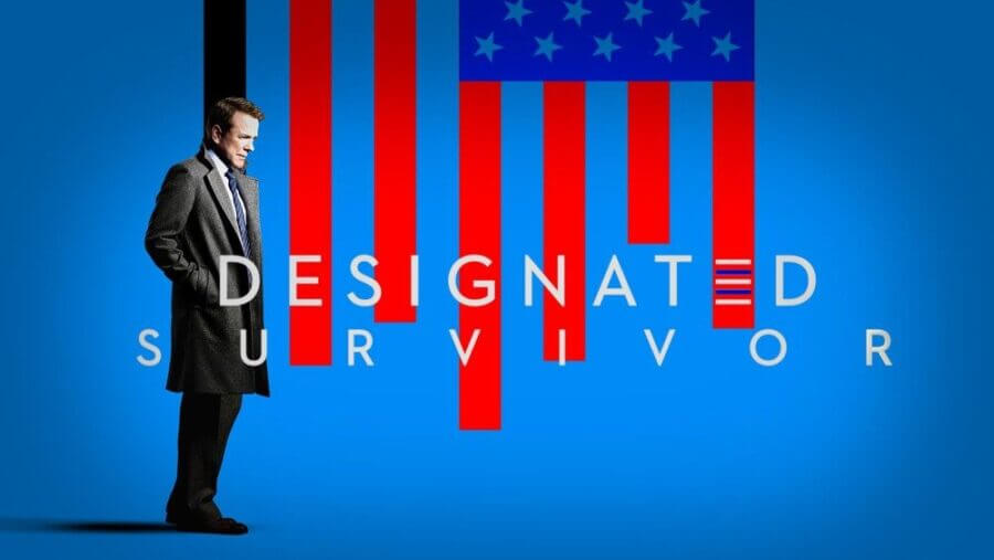 Designated Survivor — Kirman stands in front of a stylised US flag where the strips represent the blood of victims