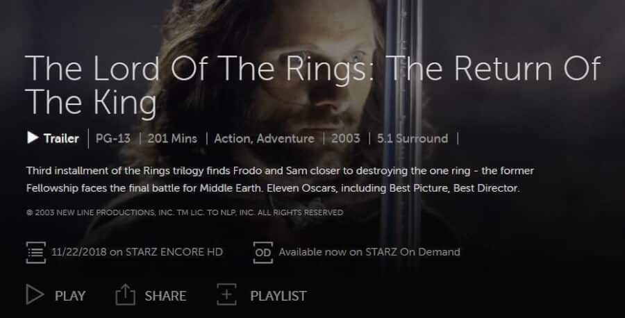 The Return Of The King Availability Starz