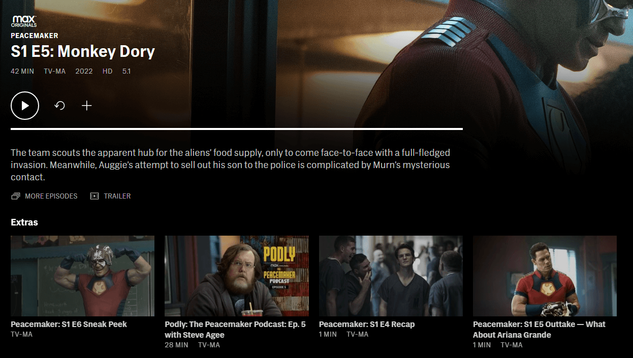 HBO Max pages for each episode