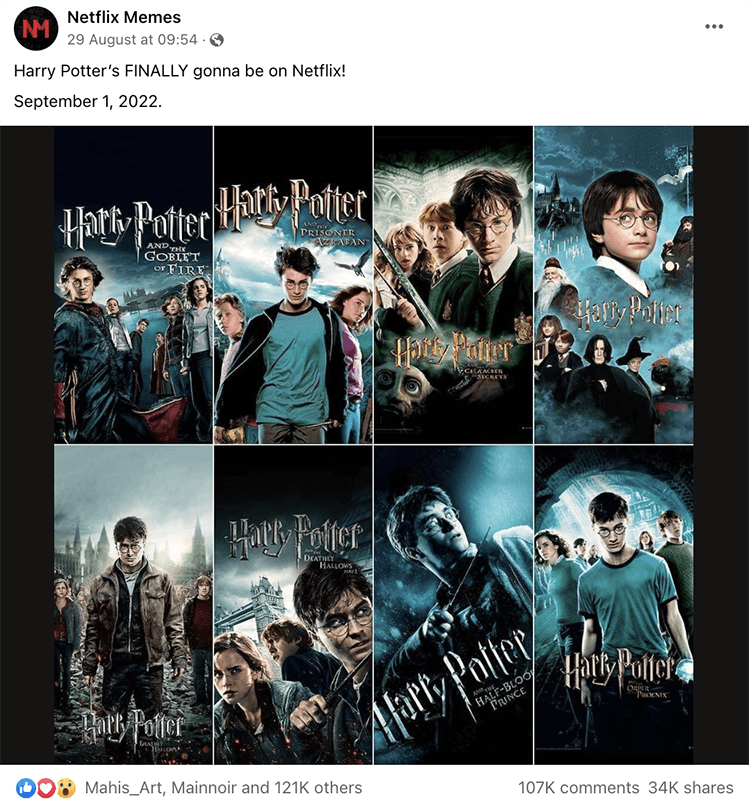 facebook post Harry Potter is coming to Netflix