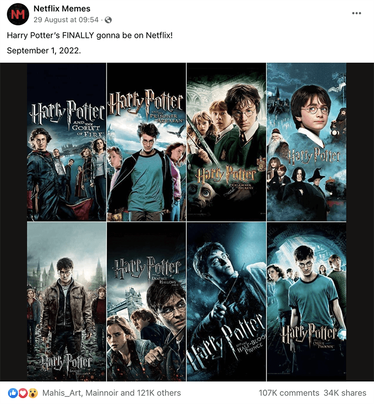 publicación de facebook harry potter llegará a netflix