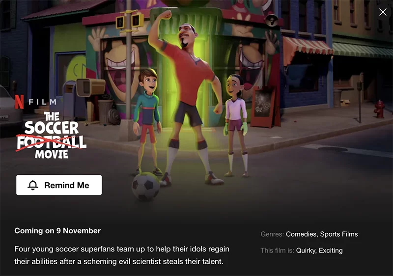the football soccer movie title page netflix copy