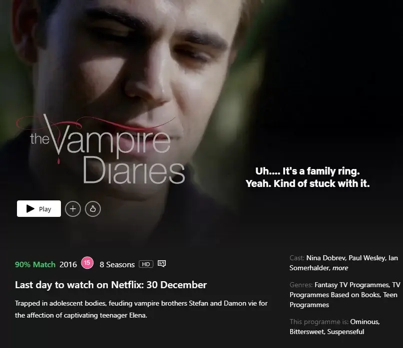 removal date for the vampire diaries netflix uk