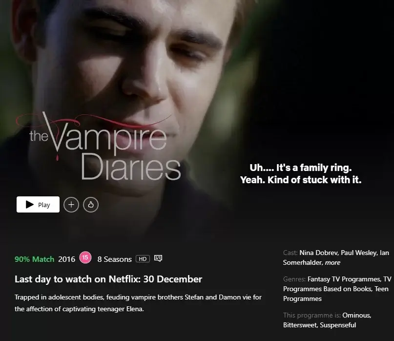 The Vampire Diaries' Leaving Netflix UK in December 2022 - What's