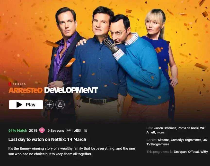 arrested development leaving netflix in march 2023