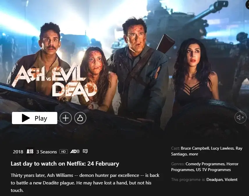 removal date for ash vs evil dead netflix brazil