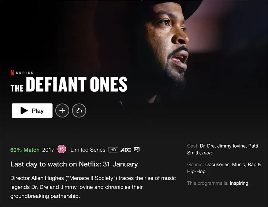 the defiant ones date de retrait netflix