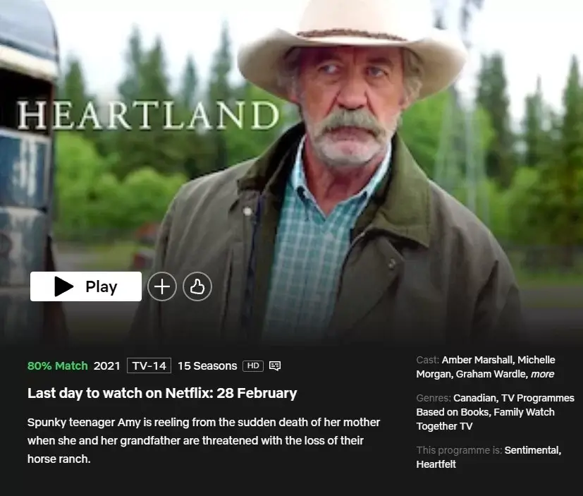 fecha de eliminación de heartland netflix canadá