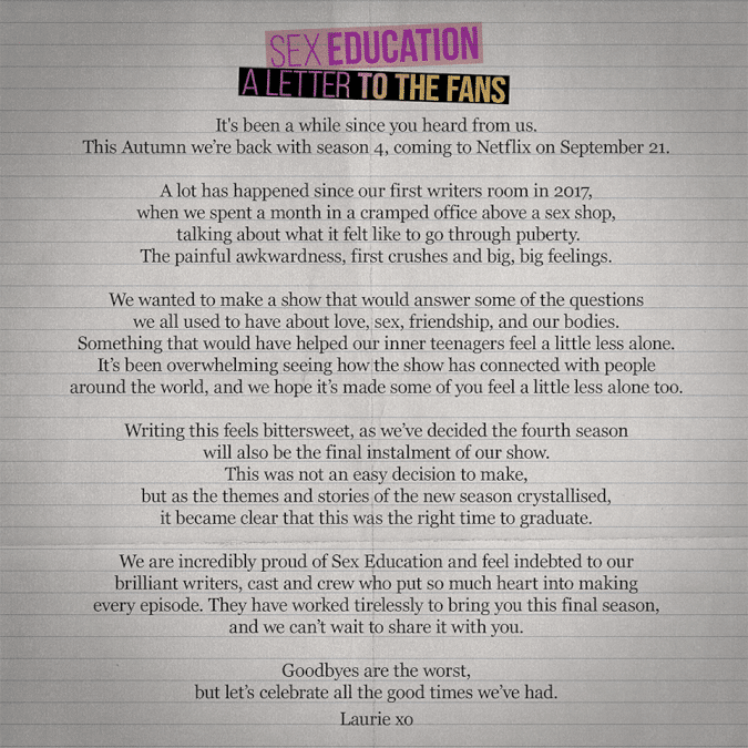 Sex Education Season Letter To The Fans