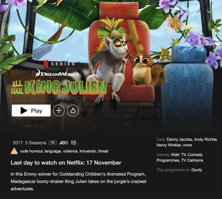removal notice for all hail king julien netflix