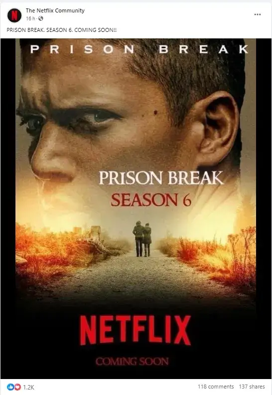 Prison Break Season 6 Facebook Post