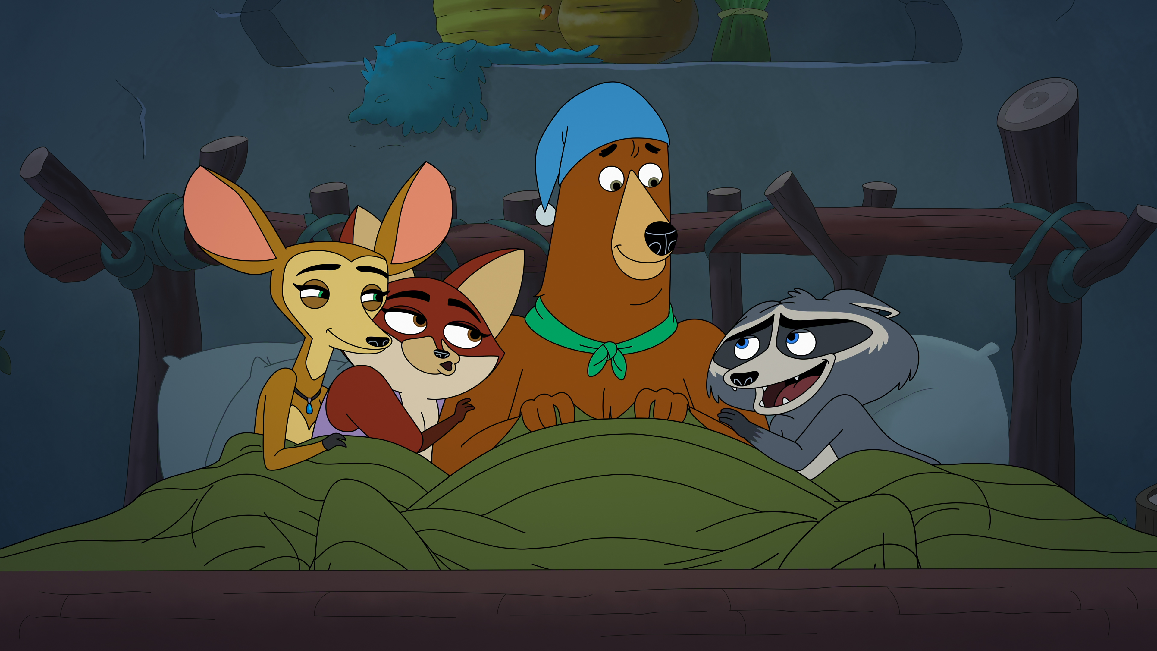 "Four animated animals—a deer, fox, bear, and raccoon—sit together in bed under green covers inside a cozy, dimly lit rustic wooden cabin, appearing happy and relaxed as they talk."