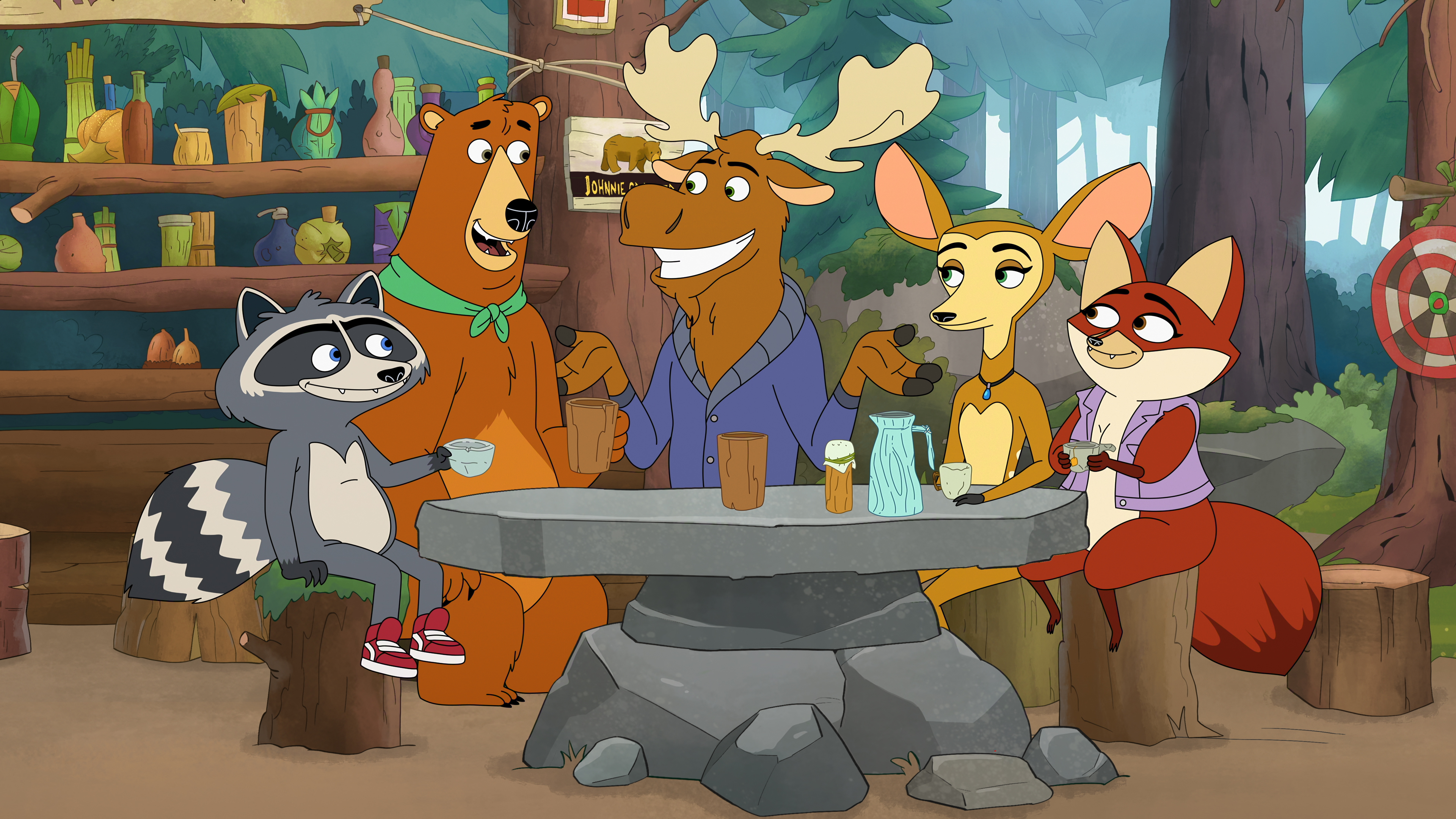 "Animated raccoon, bear, moose, deer, and fox sit at a stone table in a forest campsite setting, talking and laughing in a friendly woodland environment with wooden shelves and decorations in the background."