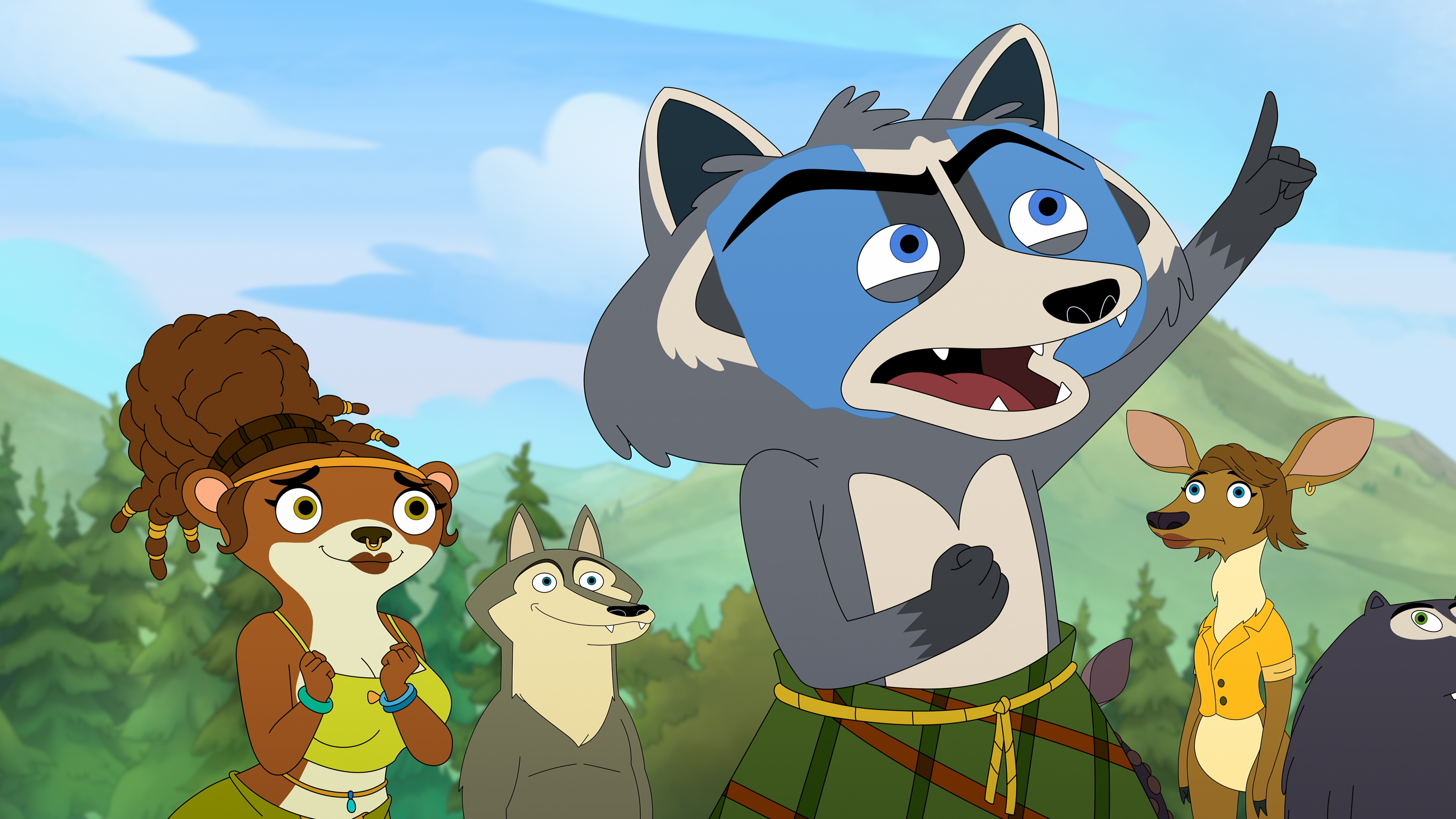 "Animated raccoon passionately talking and pointing upward with animal friends standing around in a lush green outdoor forest setting under a blue sky."