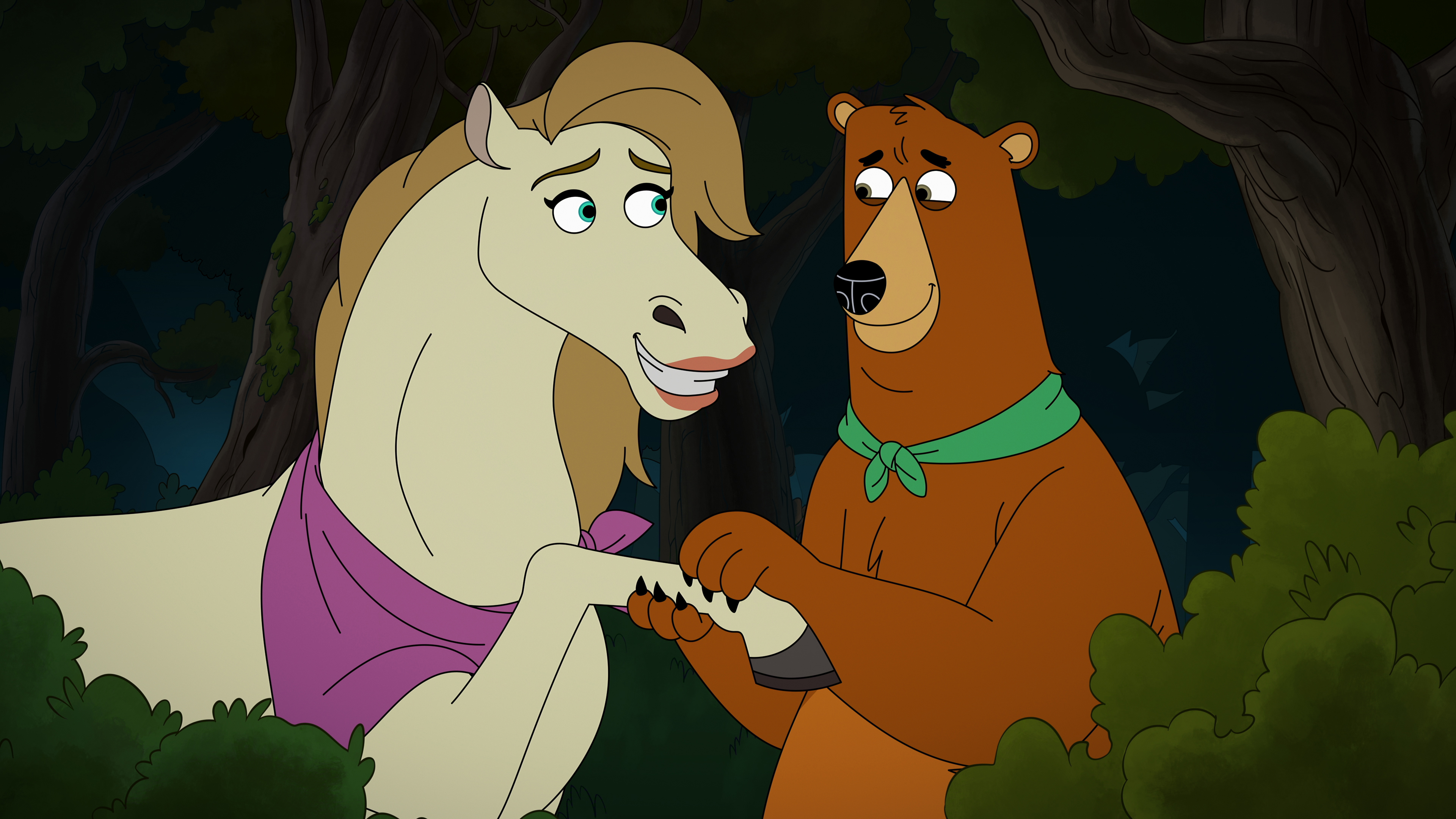 "A cartoon horse and bear holding hooves/paws in a forest at night, both wearing neckerchiefs and appearing friendly and expressive."