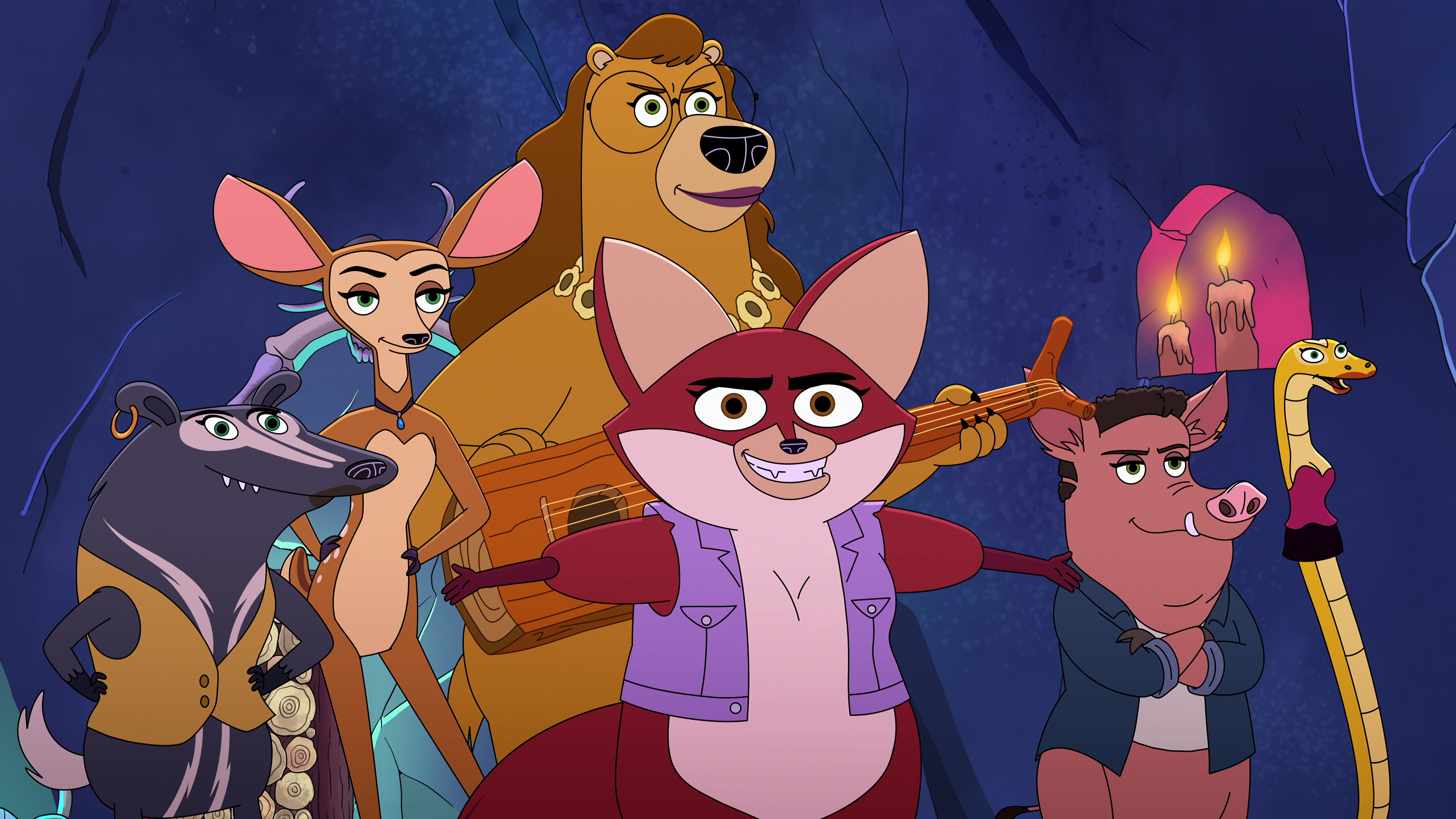 "Group of cartoon animals including a fox, bear, deer, pig, and snake are standing together in a dimly lit cave with candles and a guitar, all looking determined and ready for adventure."