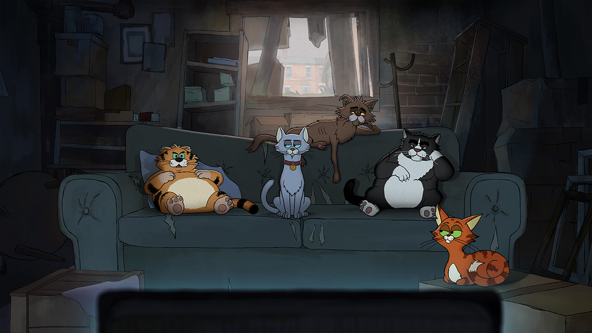 &Quot;Five Animated Cats Lounge On A Worn Couch In A Shadowy, Cluttered Room, Watching Something Intently, With Light From A Tv Illuminating Them, Creating A Cozy Yet Rundown And Slightly Somber Atmosphere.&Quot;