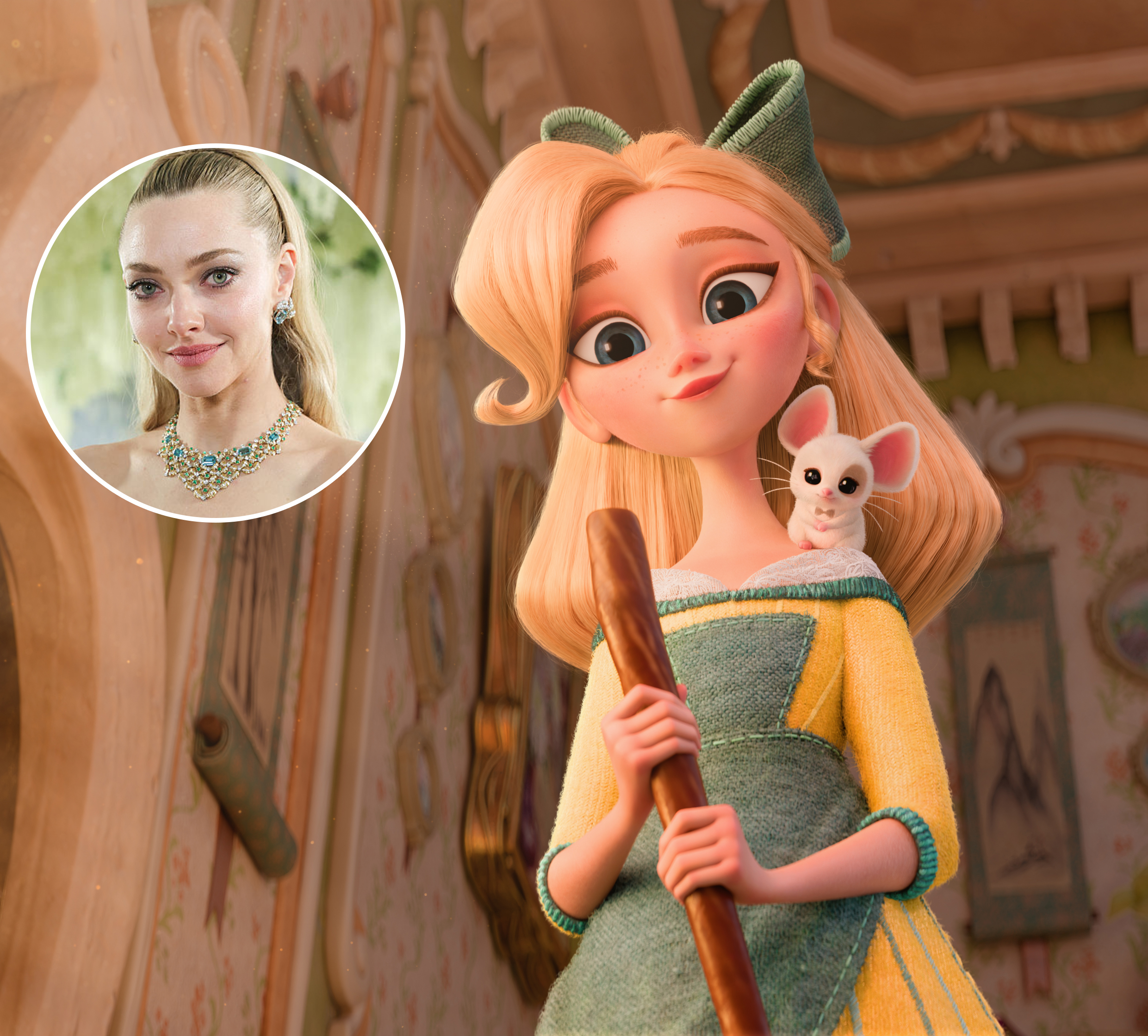 &Quot;Animated Blonde Girl In A Green And Yellow Dress Holding A Broom, With A Small White Mouse On Her Shoulder. She Is Standing Indoors In A Ornately Decorated, Warmly Lit Room With Detailed Furnishings And Artwork.&Quot;