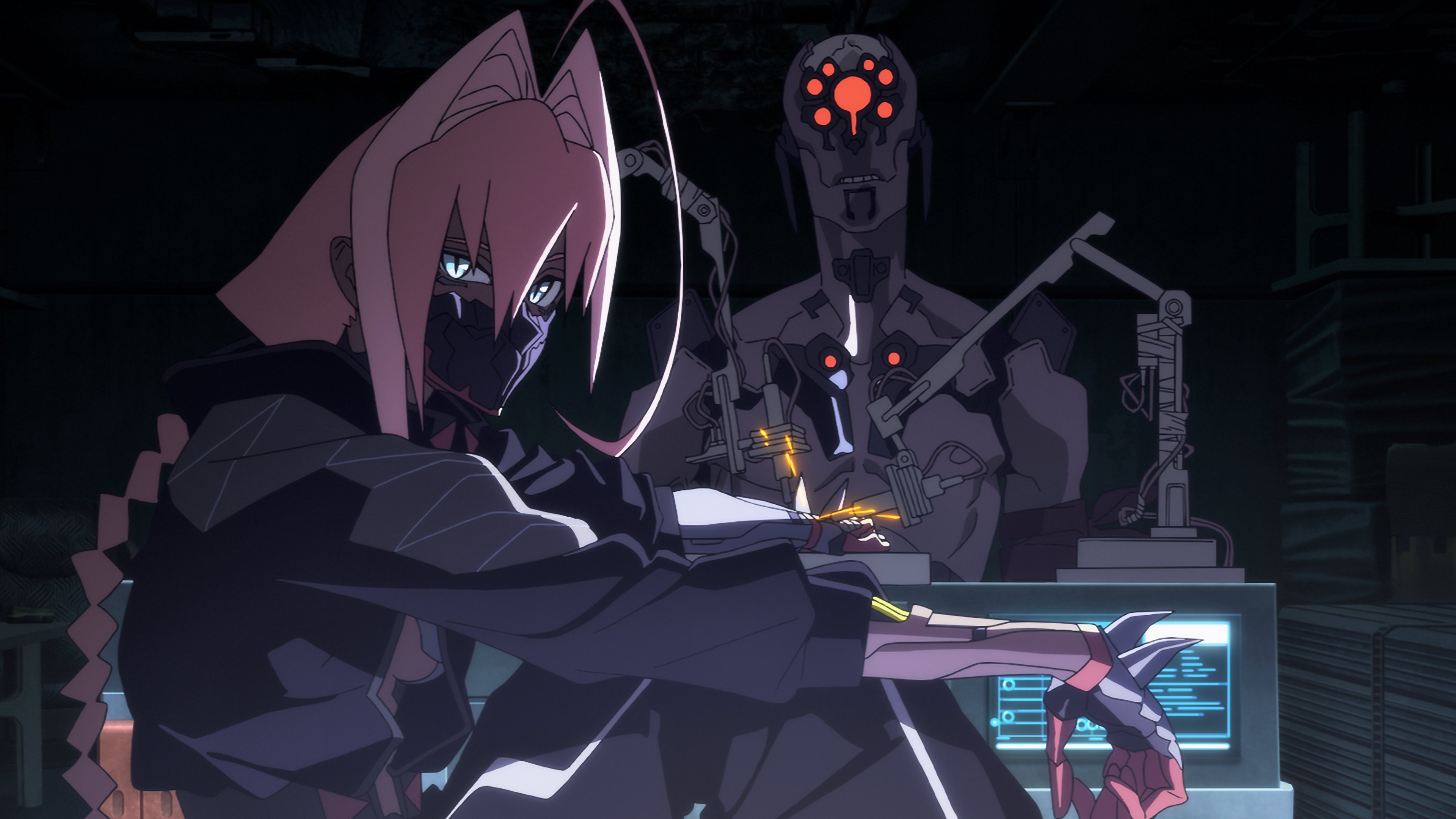 Cyberpunk Edgerunners 2 First Looks (1) &Quot;Anime-Style Masked Character With Pink Hair Sits In A Dark, High-Tech Room While A Humanoid Robot With Glowing Red Eyes Works On Their Cybernetic Arm At A Futuristic Workstation.&Quot;