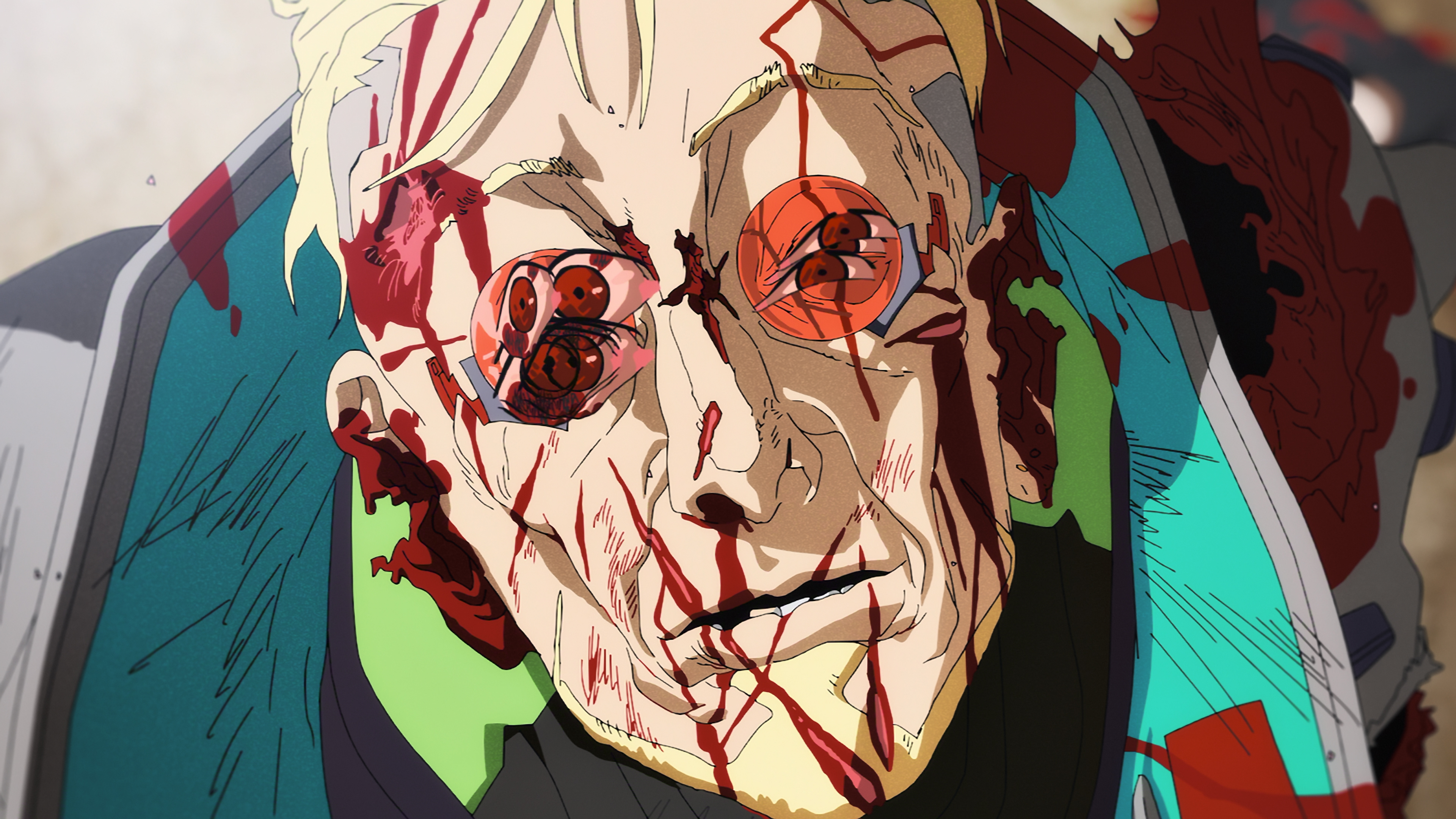 &Quot;Animated Character With Short Blond Hair And Red Cybernetic Eyes, Face And Clothes Covered In Blood, Wearing A Teal Jacket In A Dramatic And Intense Scene. Indoor Setting With Shadows And A Sense Of Violence Or Conflict.&Quot;