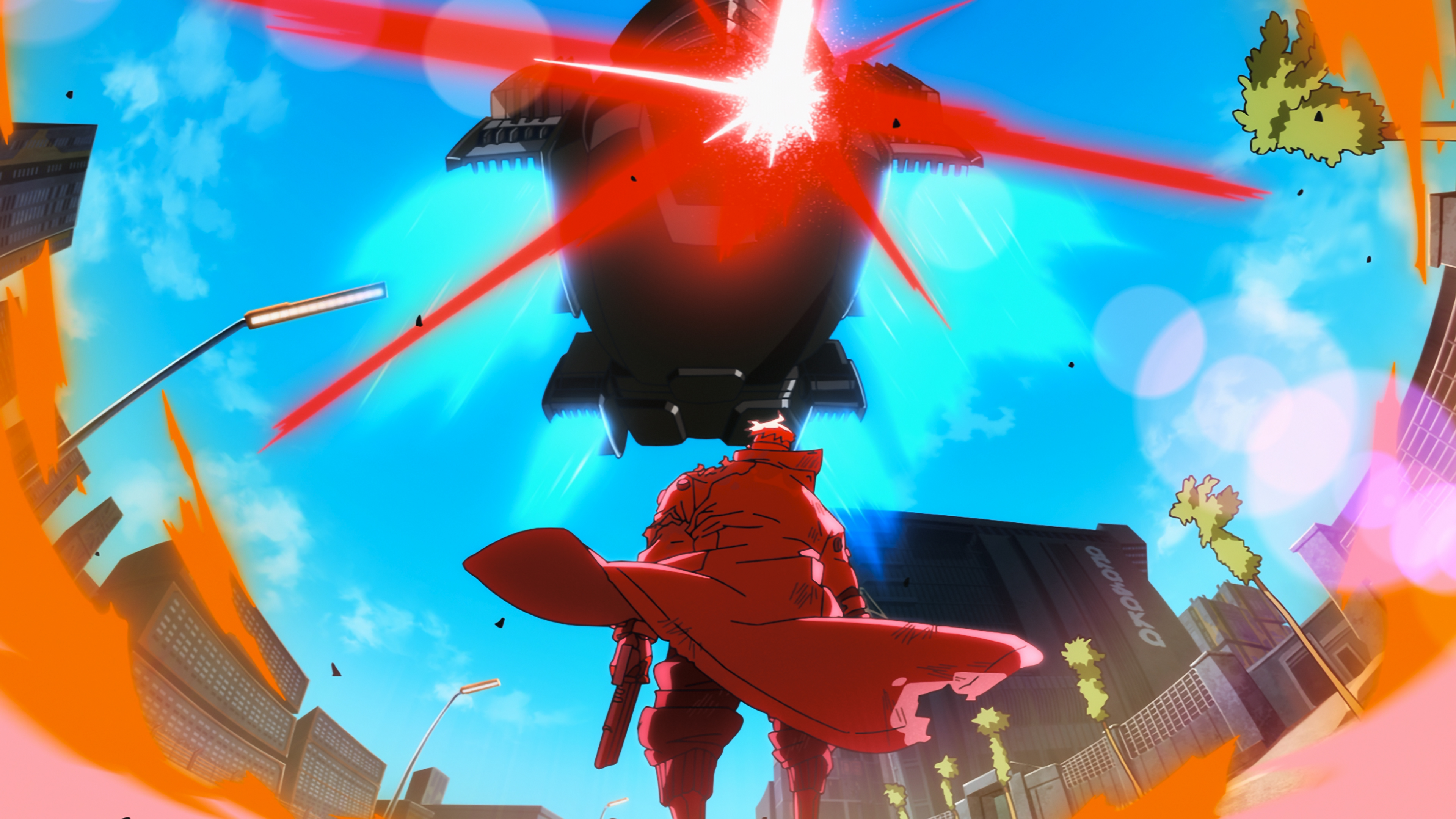 &Quot;Anime-Style Character In A Red Coat Stands In A City Street, Looking Up At A Large Hovering Machine Emitting Red Light Beams, With Bright Blue Sky And Tall Buildings In The Background, Orange Energy Effects Framing The Scene.&Quot;