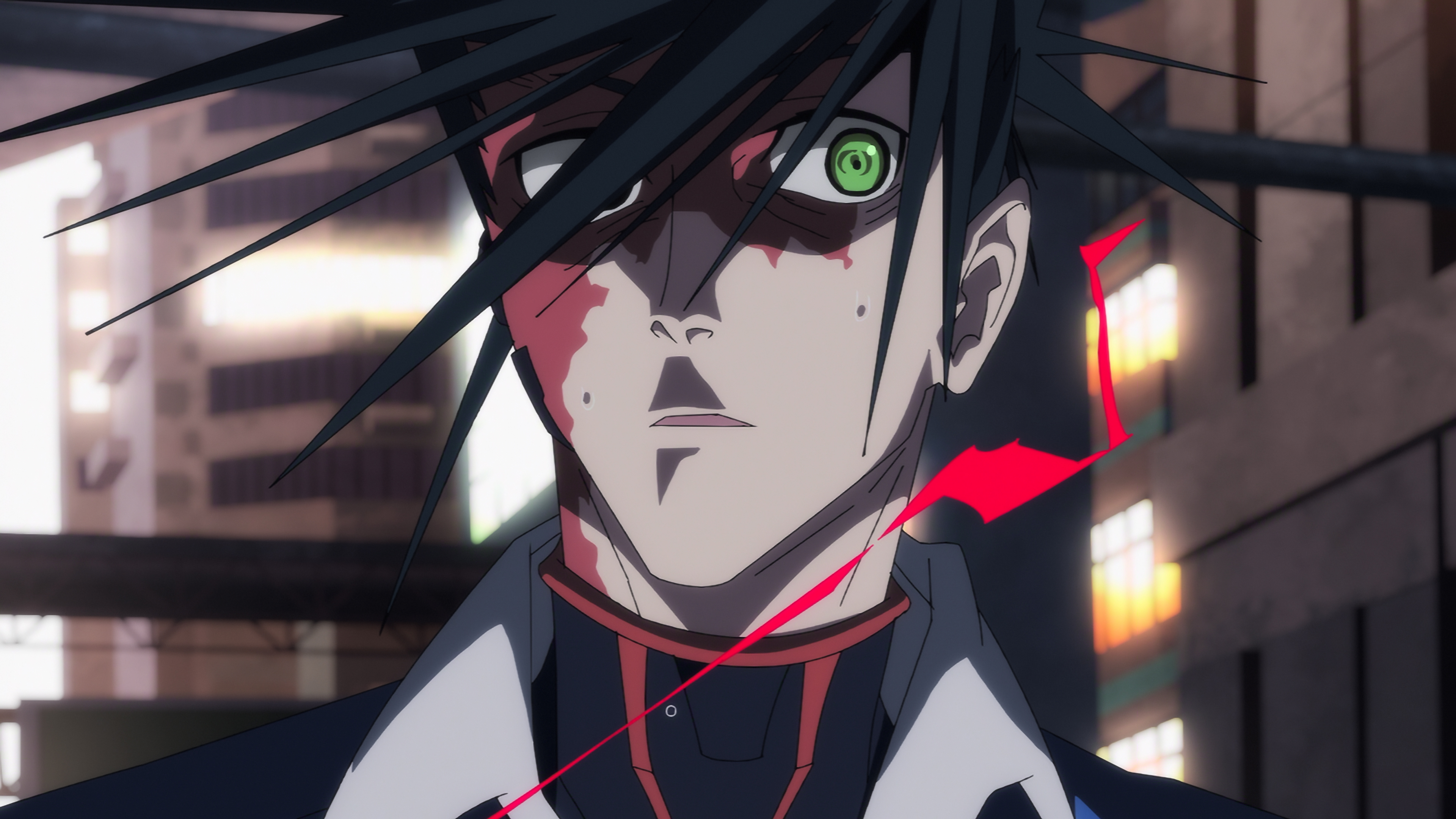 &Quot;Anime Character With Spiky Black Hair, Green Cybernetic Eye, And Blood-Stained Face Stands In A Futuristic City At Dusk, Wearing A Dark Suit With Glowing Red Accents And Looking Intensely Forward.&Quot;