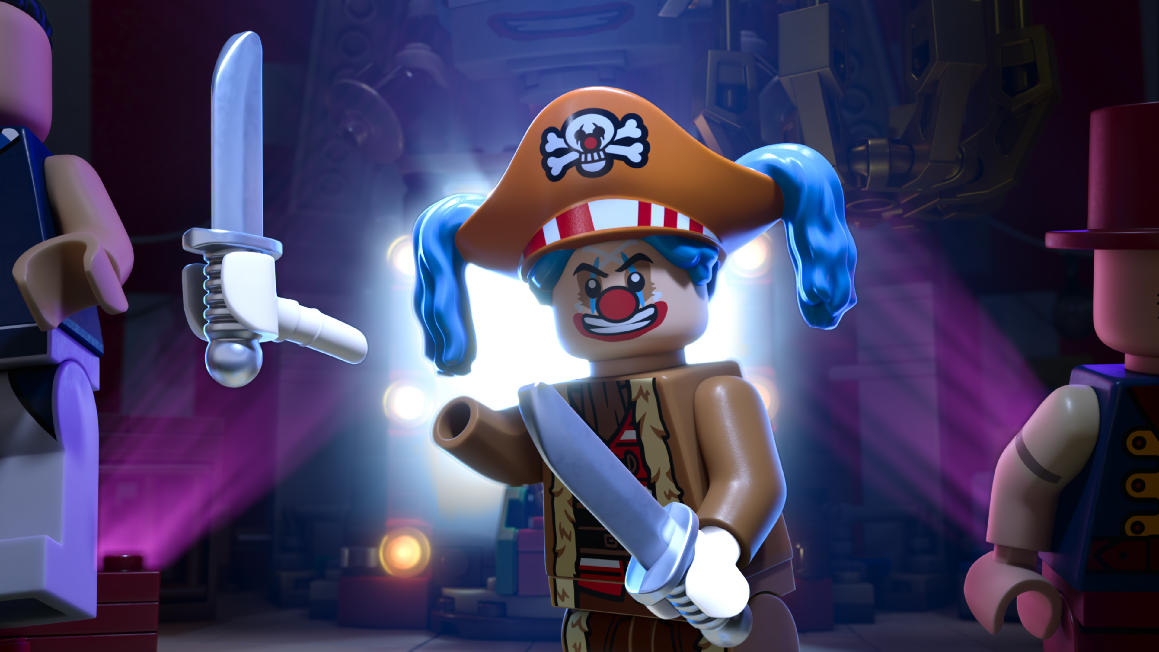 &Quot;Lego Clown Pirate Minifigure With Blue Pigtails, Orange Pirate Hat, And Swords, Standing On A Stage With Dramatic Lighting And Two Other Minifigures In A Colorful, Theatrical Environment.&Quot;