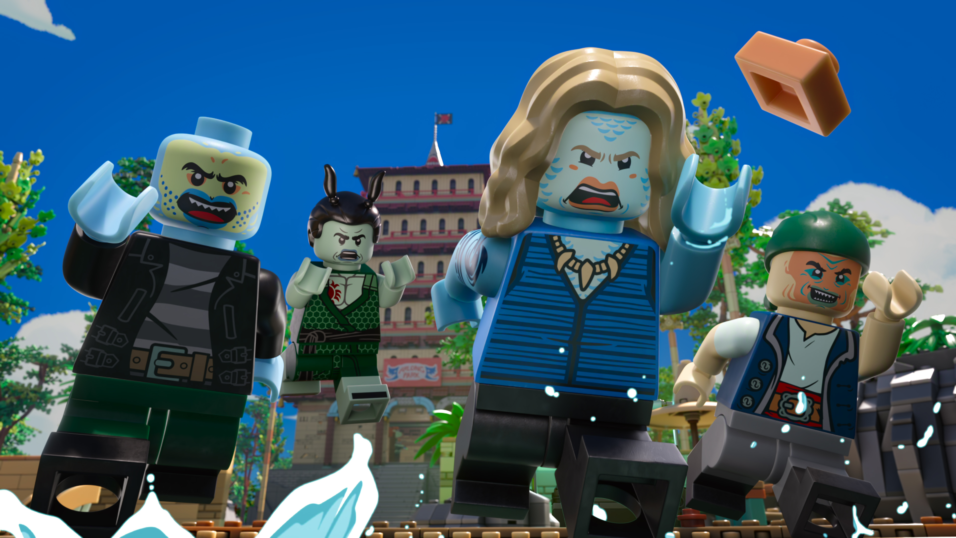 &Quot;Four Lego Pirate And Villain Minifigures Run Forward Outdoors, With Water Splashing In Front Of Them, Tropical Palm Trees, And A Large Building In The Background Under A Blue Sky. One Figure Throws A Lego Brick.&Quot;