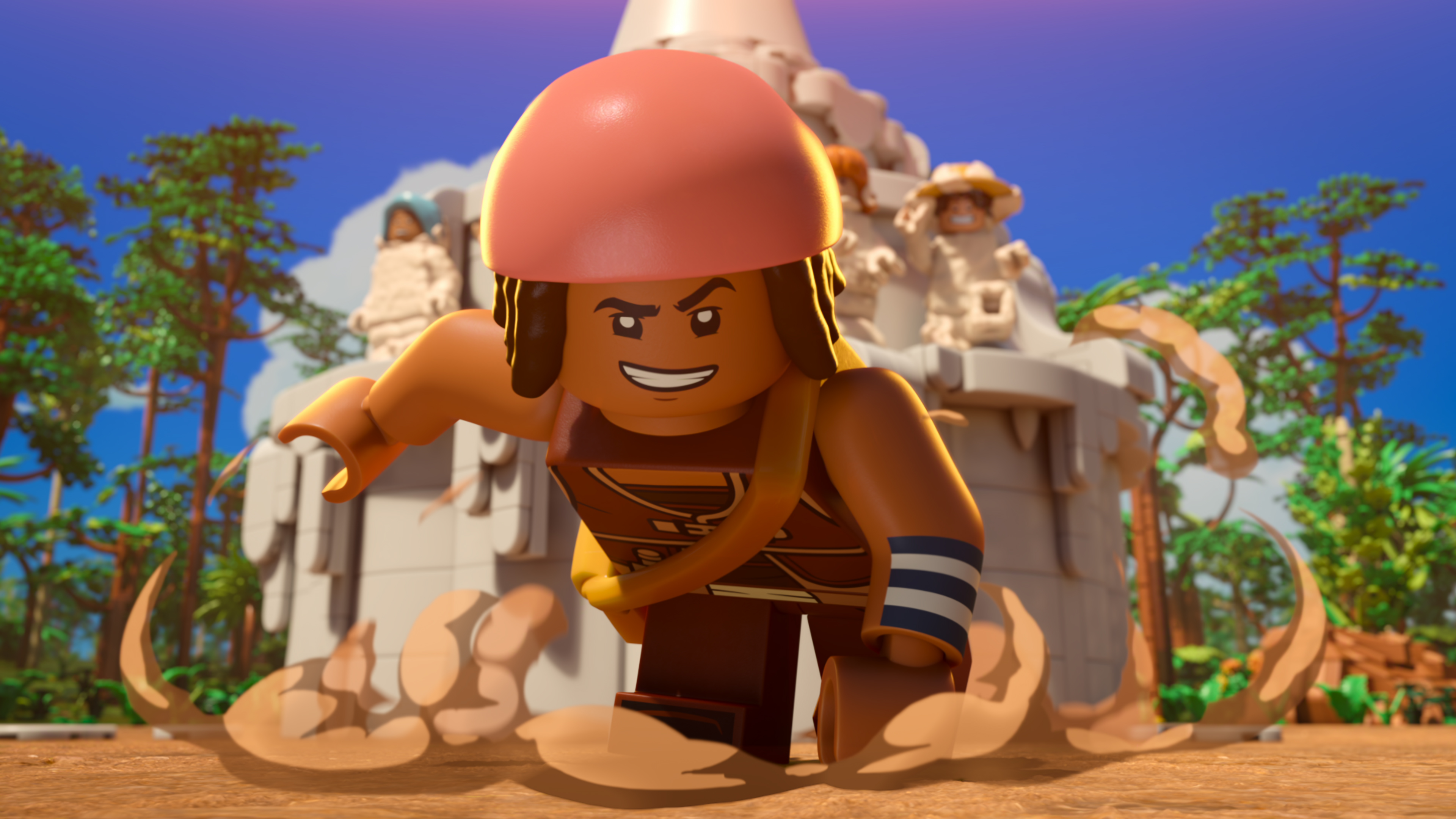 &Quot;Lego Character In Dynamic Running Pose, Wearing A Helmet And Armband, Stirring Up Dust In A Bright Outdoor Jungle Setting With A Large Stone Monument And Trees In The Background.&Quot;