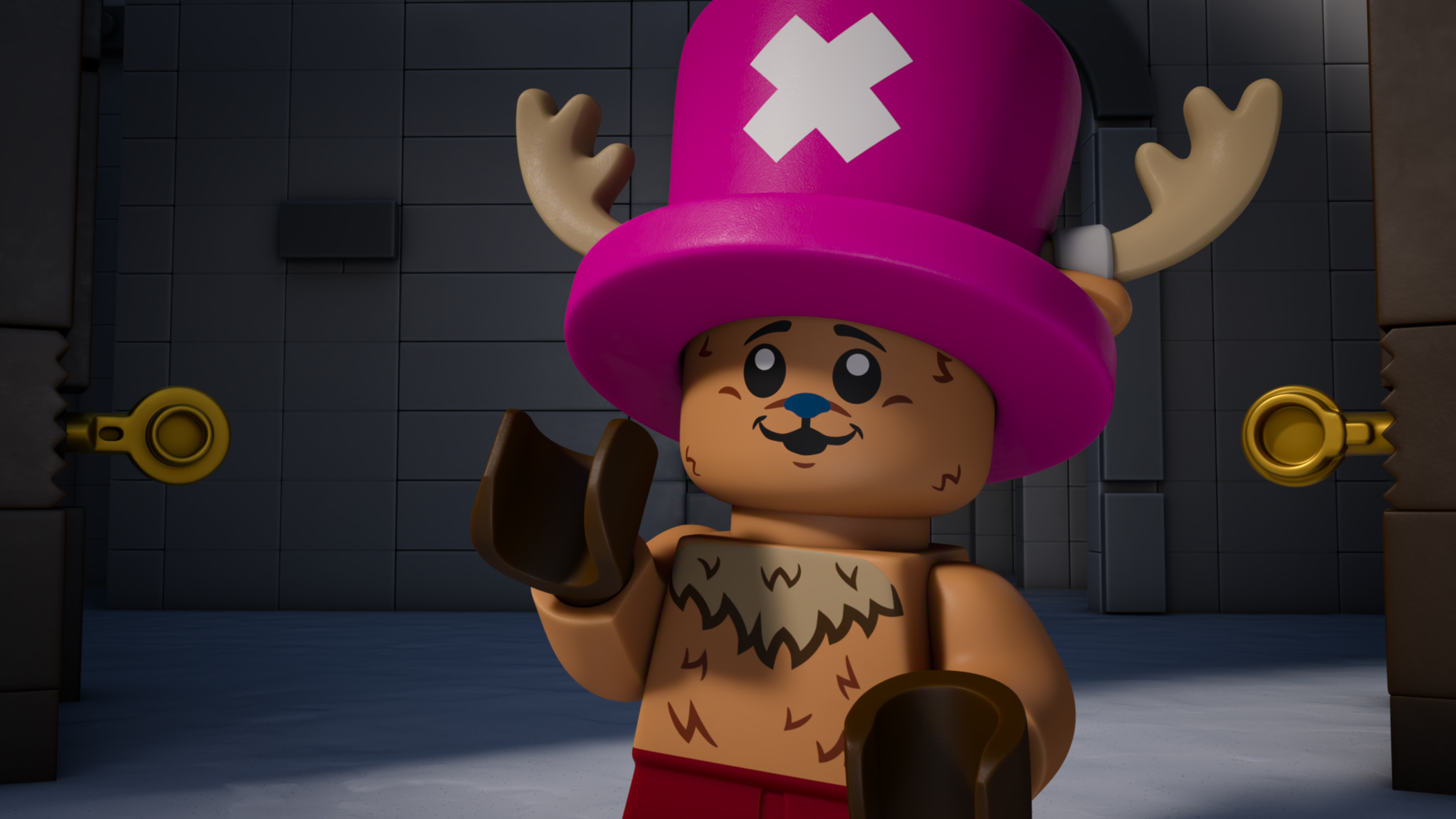 &Quot;A Lego Figure With Antlers And A Pink Hat With A White X Stands In A Dimly Lit, Gray Brick Room With Two Keyholes On Either Side, Giving A Playful Expression.&Quot;