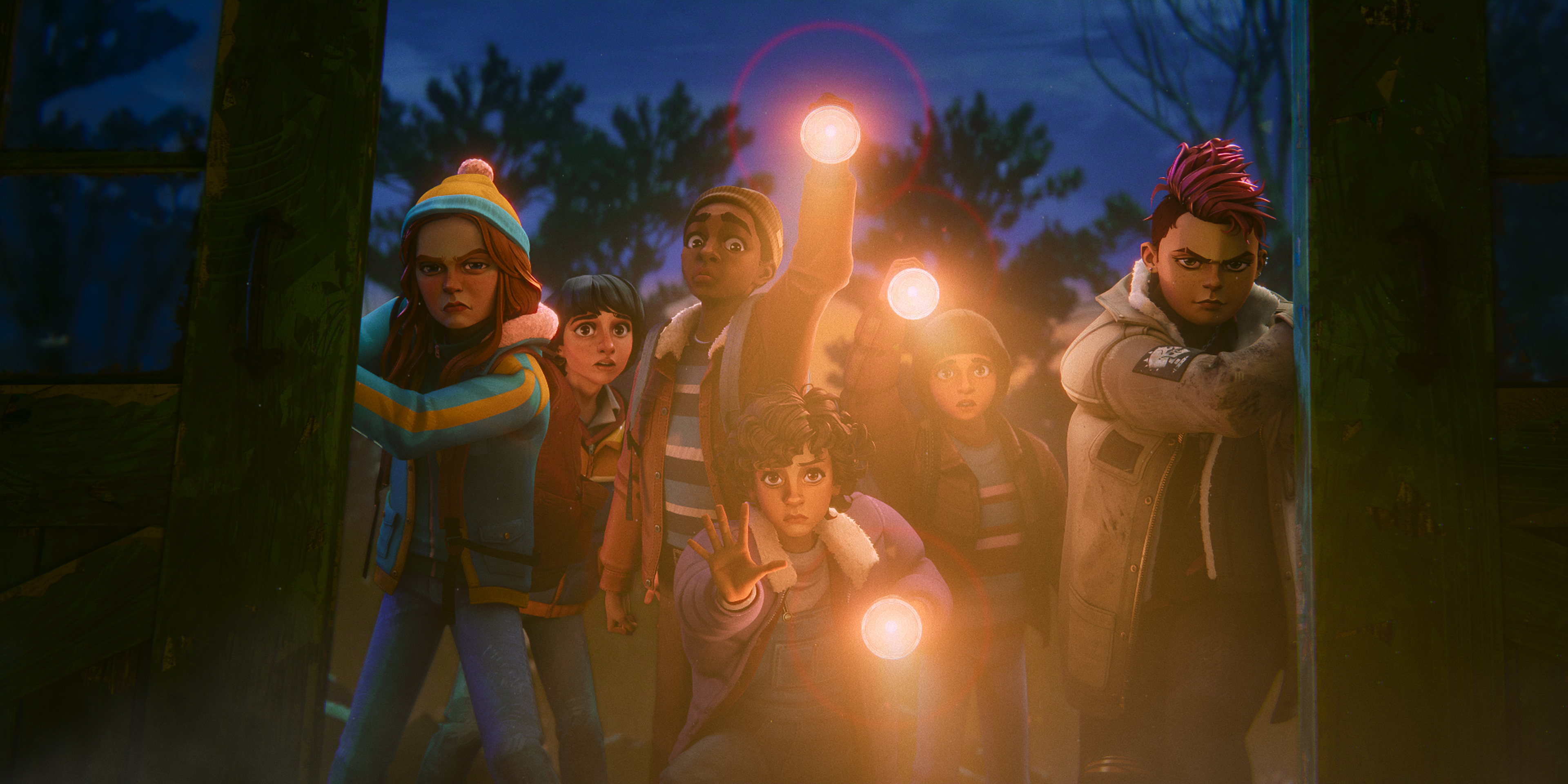 &Quot;A Group Of Animated Kids, Dressed For Cool Weather, Stand Bravely On A Wooden Bridge At Night, Some Holding Glowing Lights, Looking Determined As If Facing A Challenge Together.&Quot;