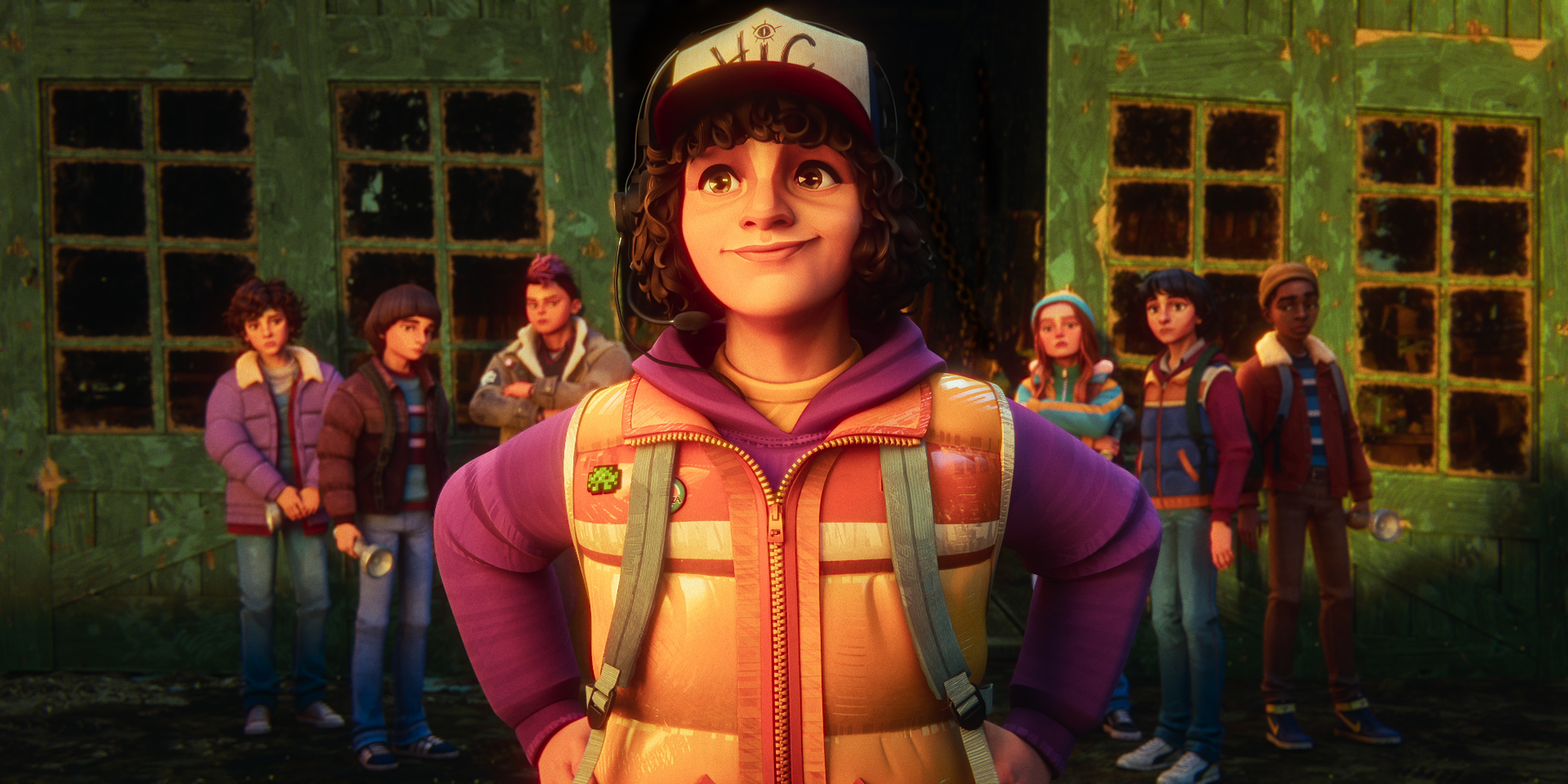&Quot;Animated Kid With Curly Hair And A Cap Stands Confidently In Front Of A Group Of Friends Outside An Old, Green, Weathered Building, All Dressed In Outdoor Clothing, Suggesting An Adventurous Setting.&Quot;