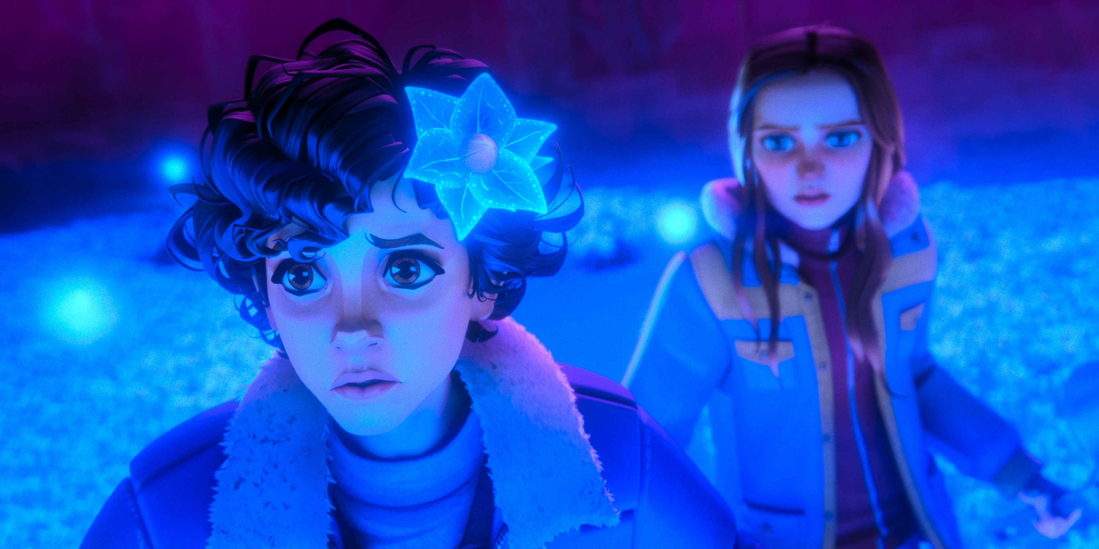 &Quot;Two Animated Characters, One With A Glowing Blue Flower On Their Head, Stand In A Mysterious, Glowing Blue-Lit Environment With Floating Orbs And An Atmosphere Of Surprise Or Concern.&Quot;
