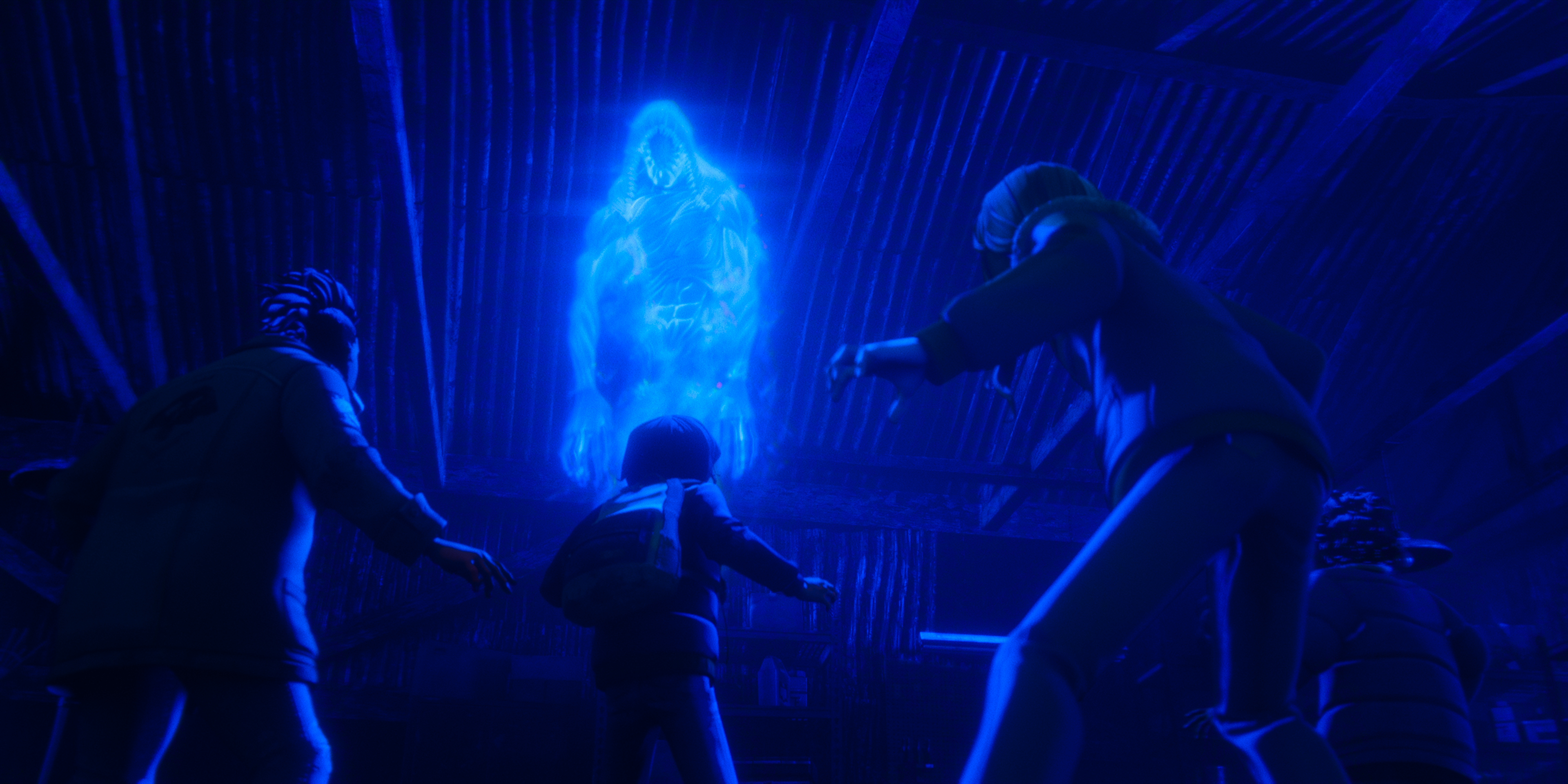 &Quot;Four People In Winter Clothes Face A Glowing Blue Ghostly Figure Hovering Inside A Dark, Abandoned Wooden Building, Illuminated By Eerie Blue Light.&Quot;