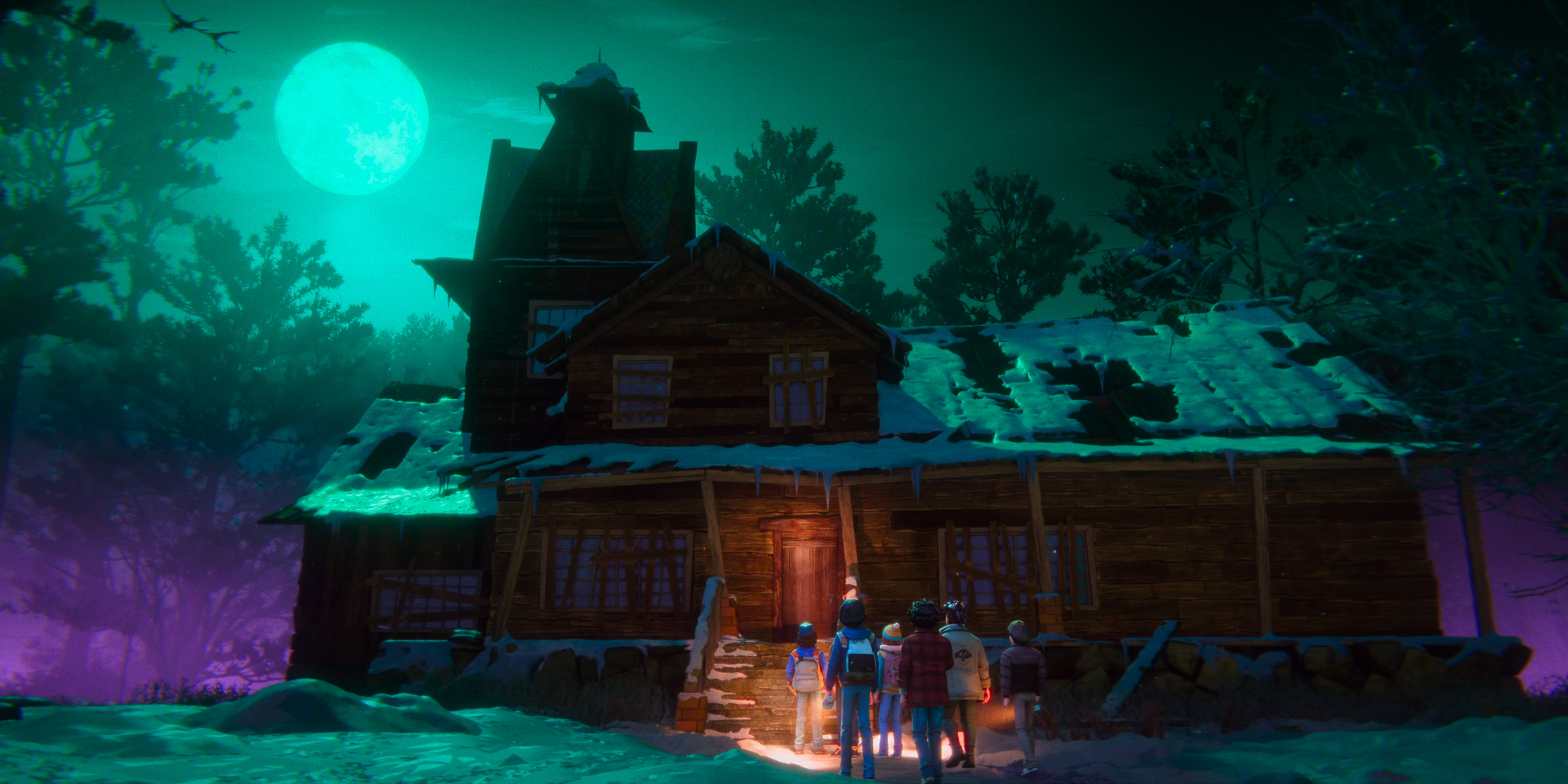 &Quot;Five People Stand At The Entrance Of A Large, Old Wooden House At Night, Surrounded By Snowy Ground, Trees, And An Eerie Glowing Full Moon, Creating A Spooky Atmosphere.&Quot;