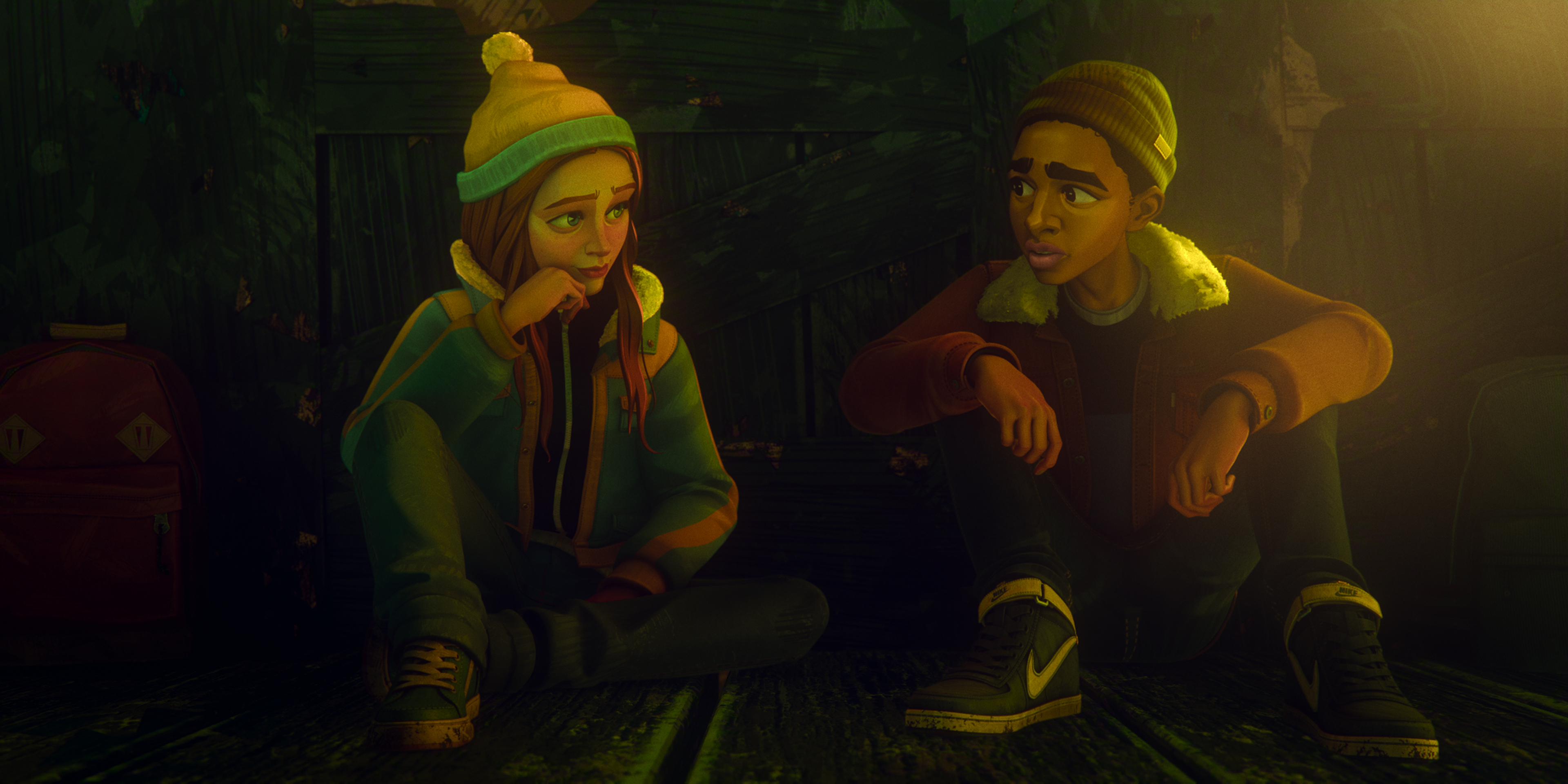 &Quot;Two Animated Teenagers In Winter Clothing Sit On A Wooden Floor In A Dimly Lit, Rustic Shelter, Having A Serious Conversation. Backpacks And Wooden Walls Suggest An Outdoor Or Survival Setting.&Quot;