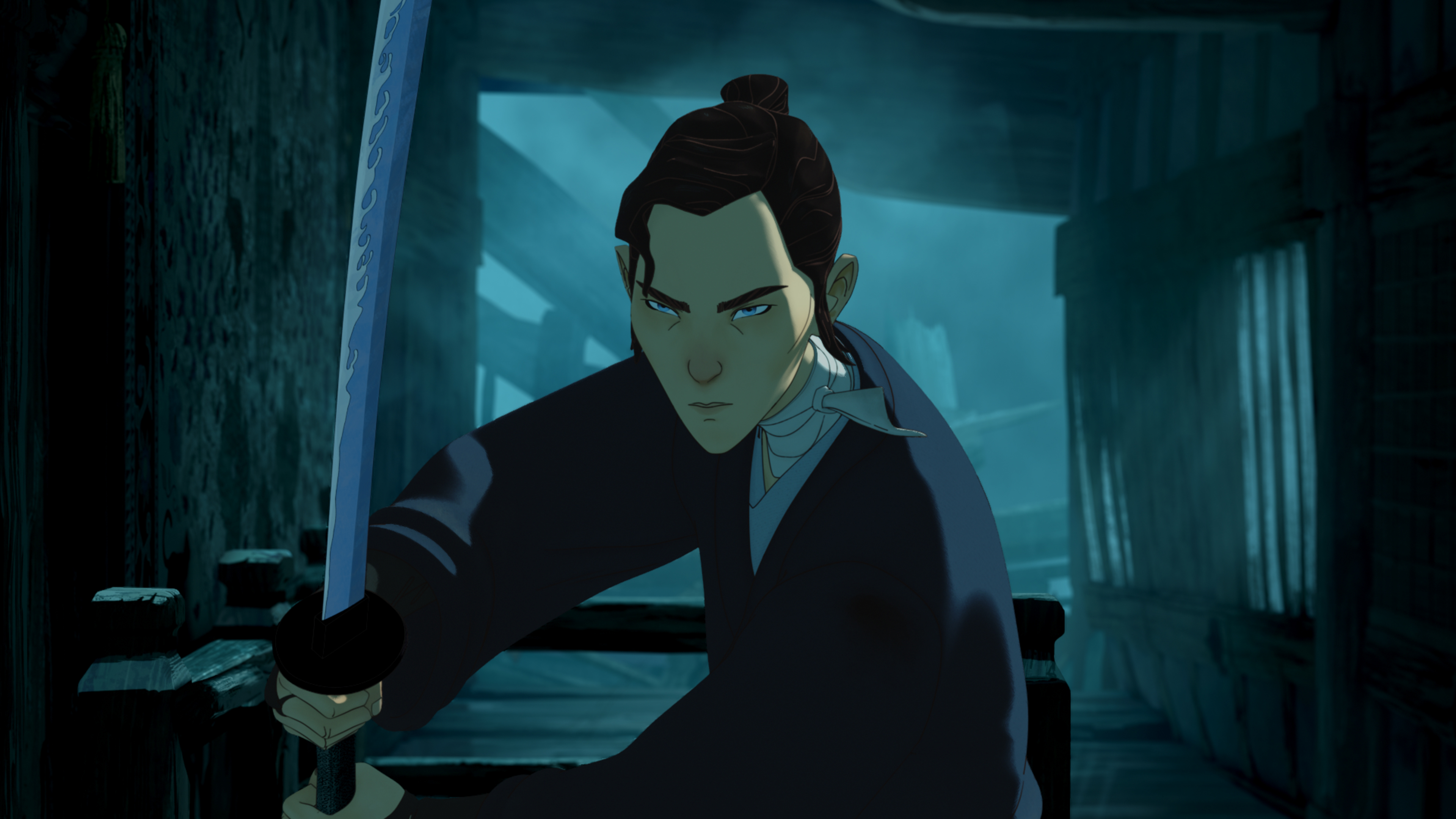 &Quot;Animated Person With A Sword In A Dark, Abandoned Wooden Structure, Blue Lighting Highlighting Intense Expression, Ready For Battle Or Confrontation In A Tense, Atmospheric Scene.&Quot;