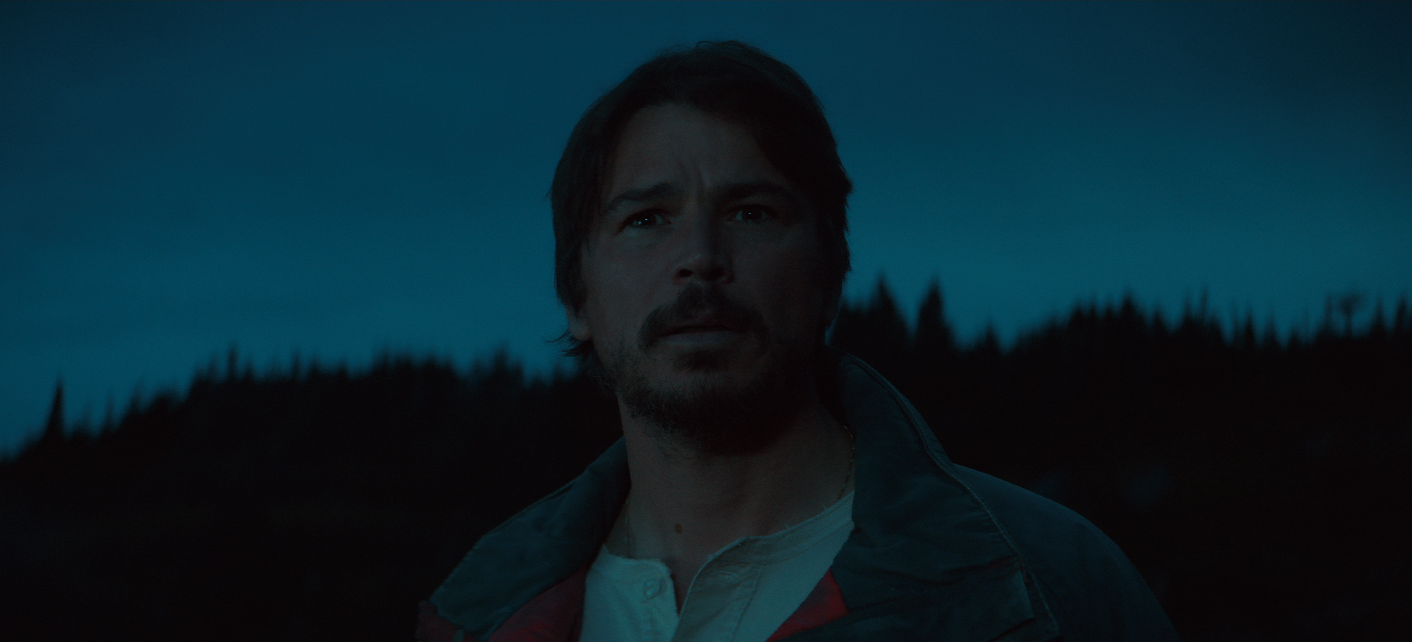 "A man with facial hair stands outdoors at dusk, looking ahead with a concerned expression, silhouetted trees and a dark blue evening sky in the background."