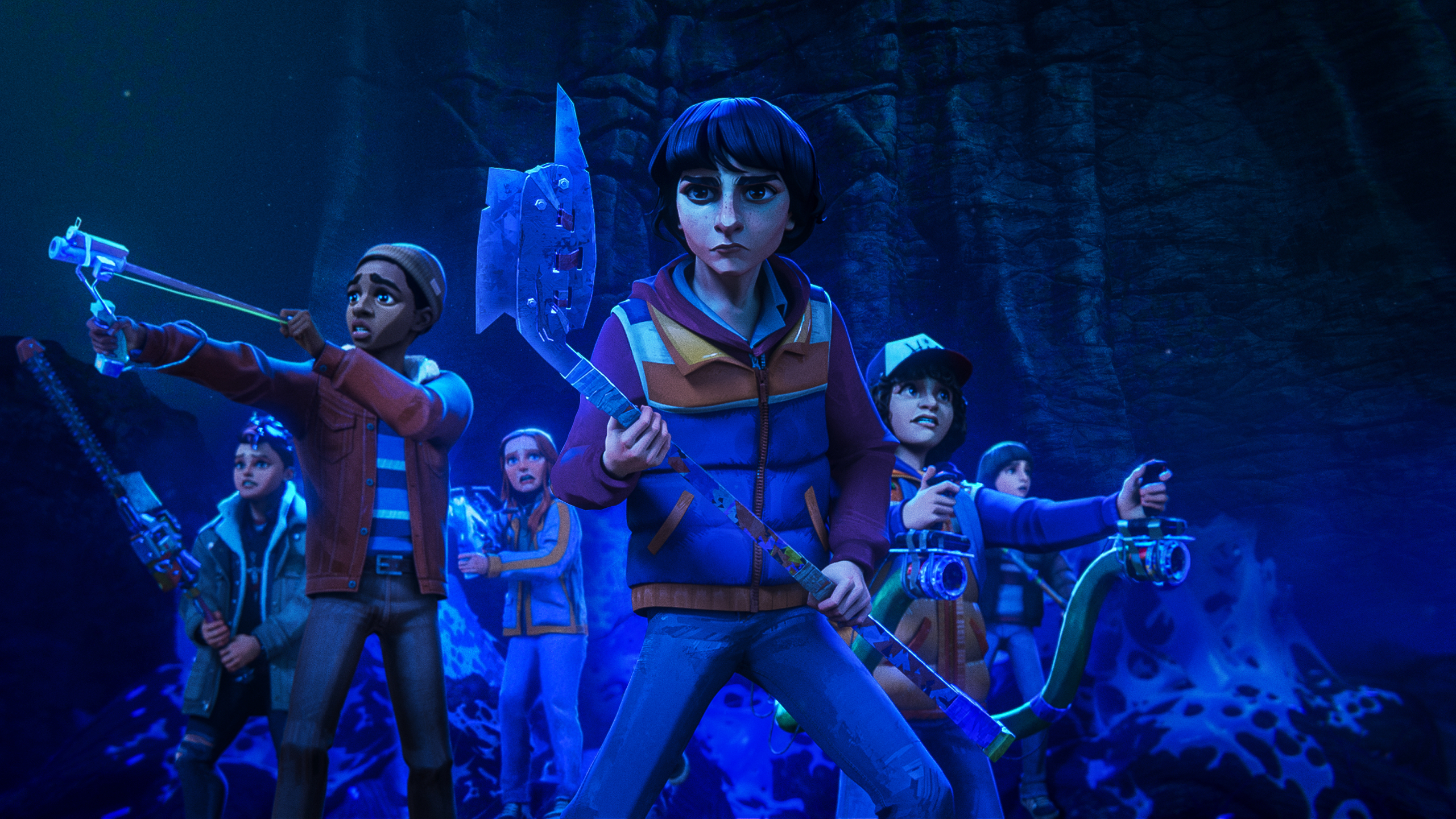 "A group of excited children holding makeshift weapons, standing together in a dark cave-like environment with glowing blue light and mysterious web-like structures, looking ready for adventure or battle."