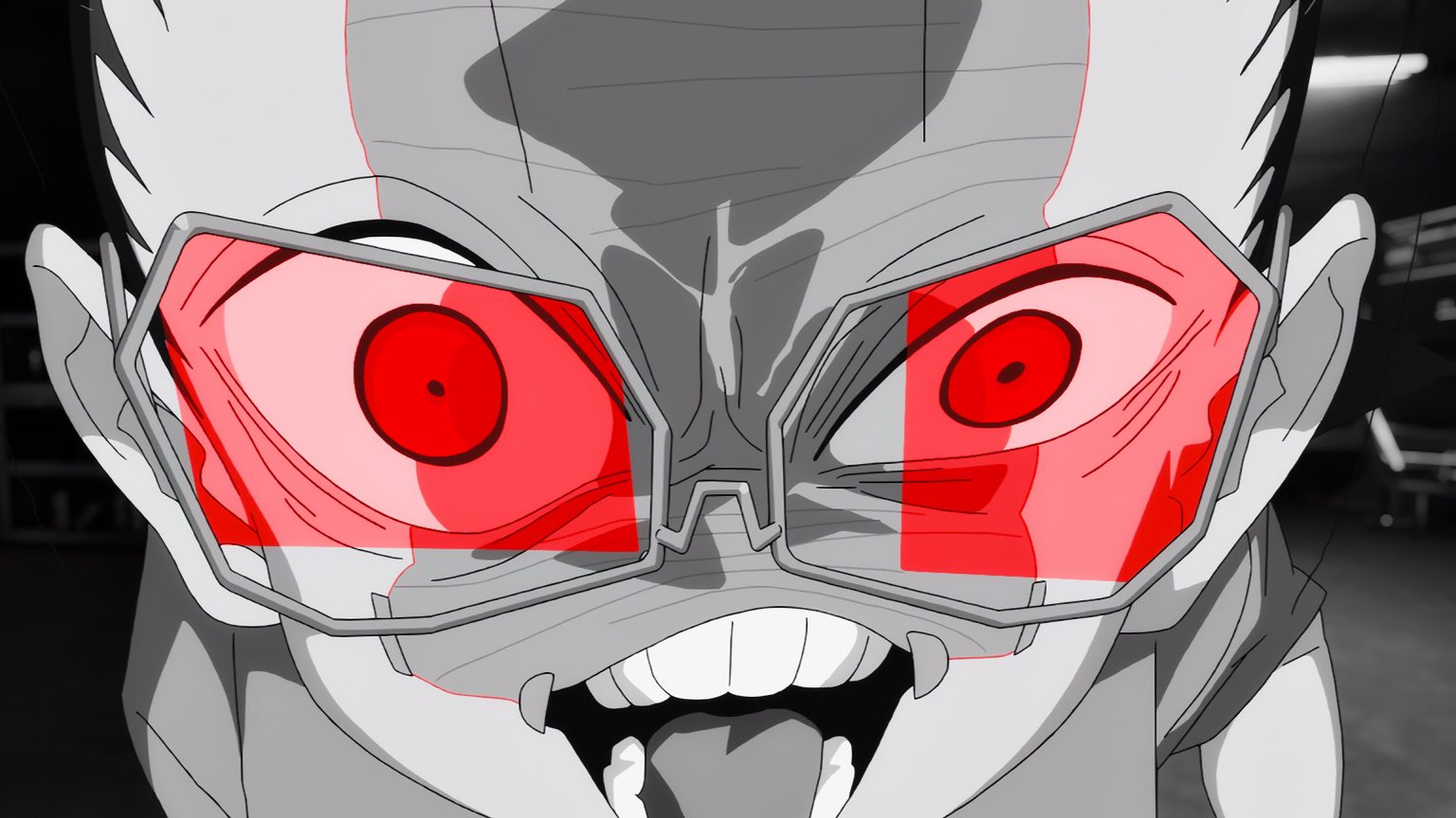 &Quot;Close-Up Of An Animated Character With Spiked Hair, Wearing Glasses Reflecting A Red Glow, Wide Eyes And Sharp Teeth, In A Dark, Dramatic Indoor Setting With A Tense Atmosphere.&Quot;