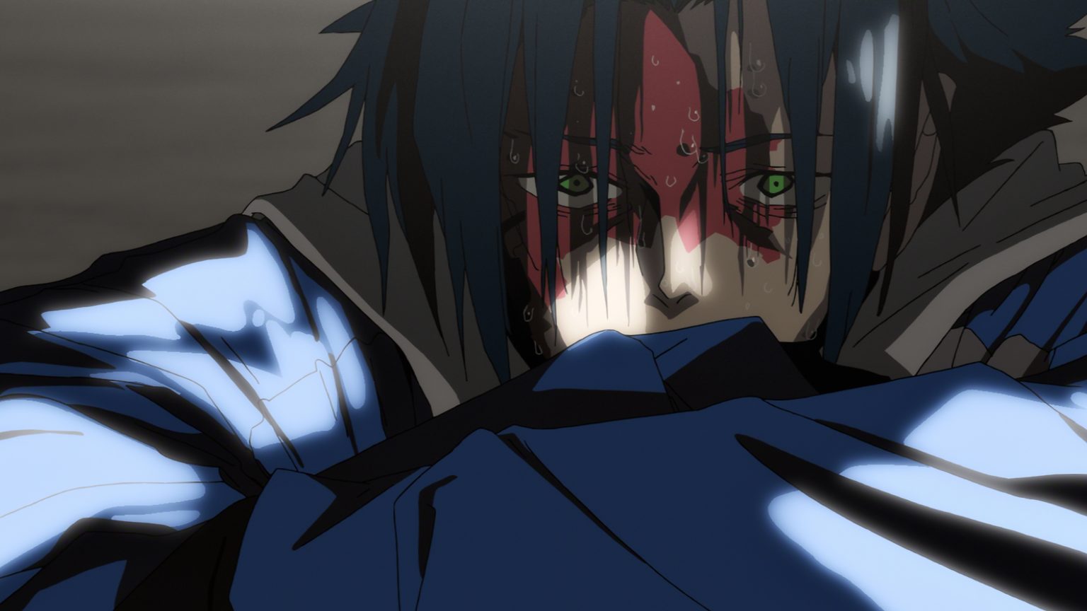 &Quot;Anime Character With Green Eyes And A Red Painted Face, Sweating And Wearing A Blue And Black Jacket, Looks Intense And Exhausted In A Dramatic, Dimly Lit Environment.&Quot;