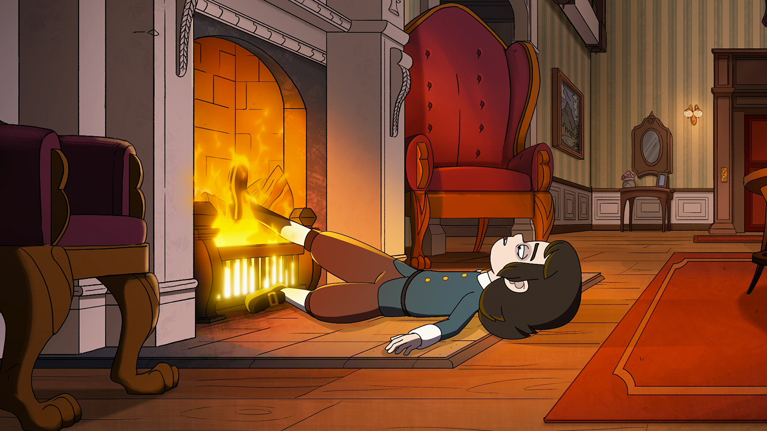 &Quot;Animated Character In Old-Fashioned Clothing Lying On A Rug In Front Of A Lit Fireplace In A Richly Decorated Living Room With Ornate Chairs, Wood Floors, And Warm Lighting.&Quot;